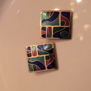 Vintage Cloisonne Signed Abstract Square Clip-on Earrings